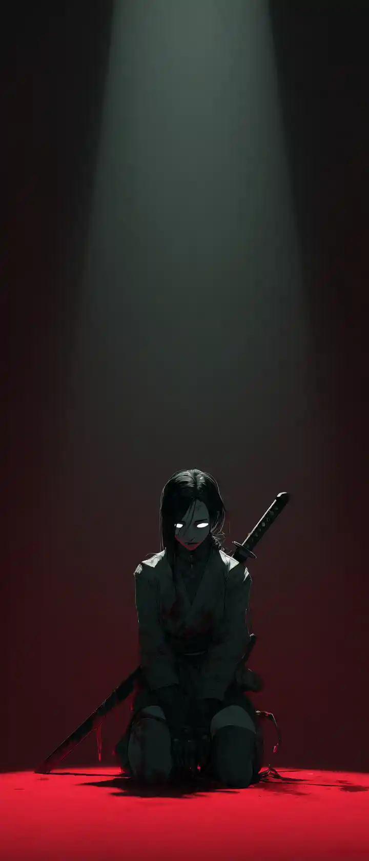 Assassina inginocchiata in un drammatico ritratto d’ombre in stile anime