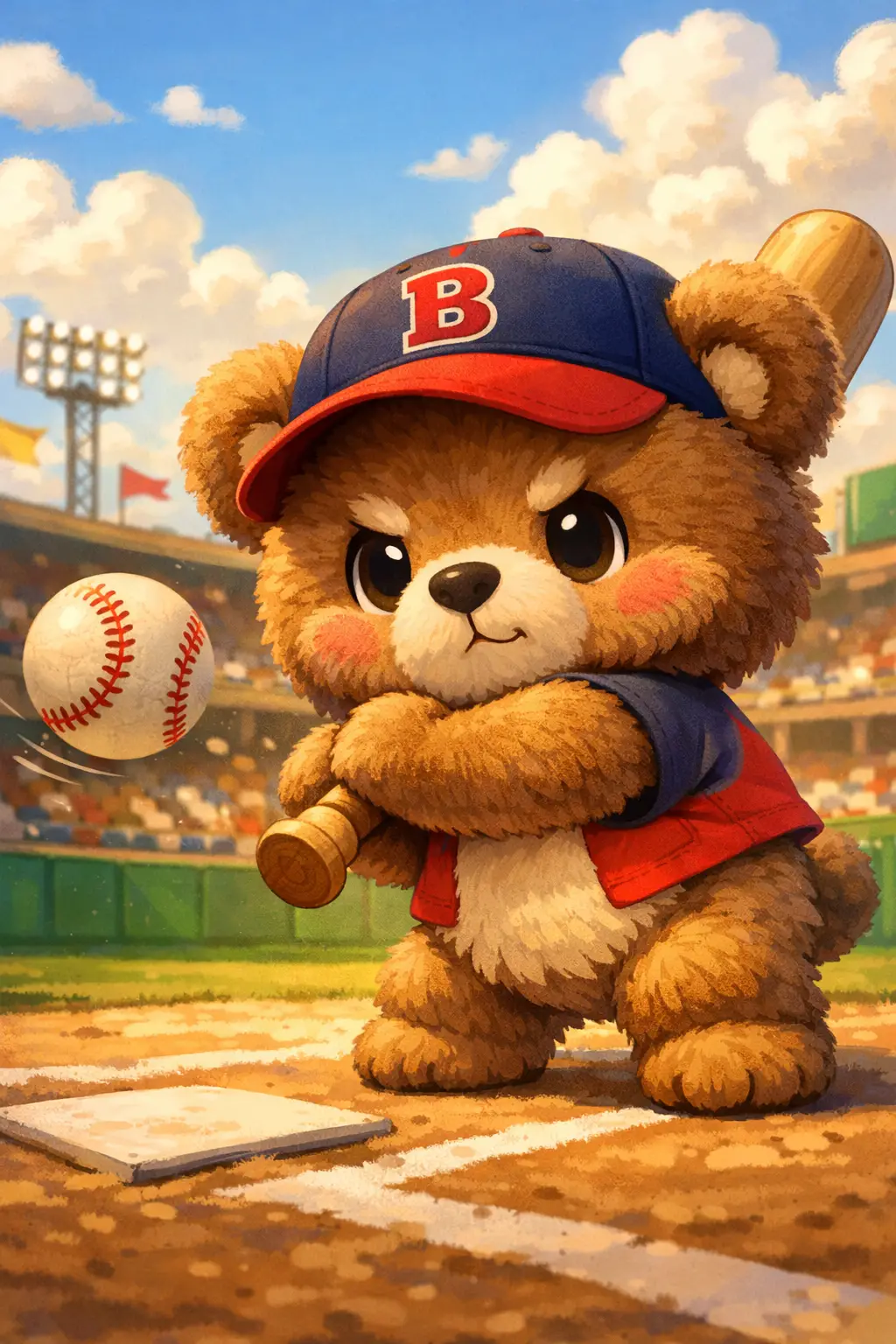 Dolce orsetto cartoon che gioca a baseball in una giornata di sole