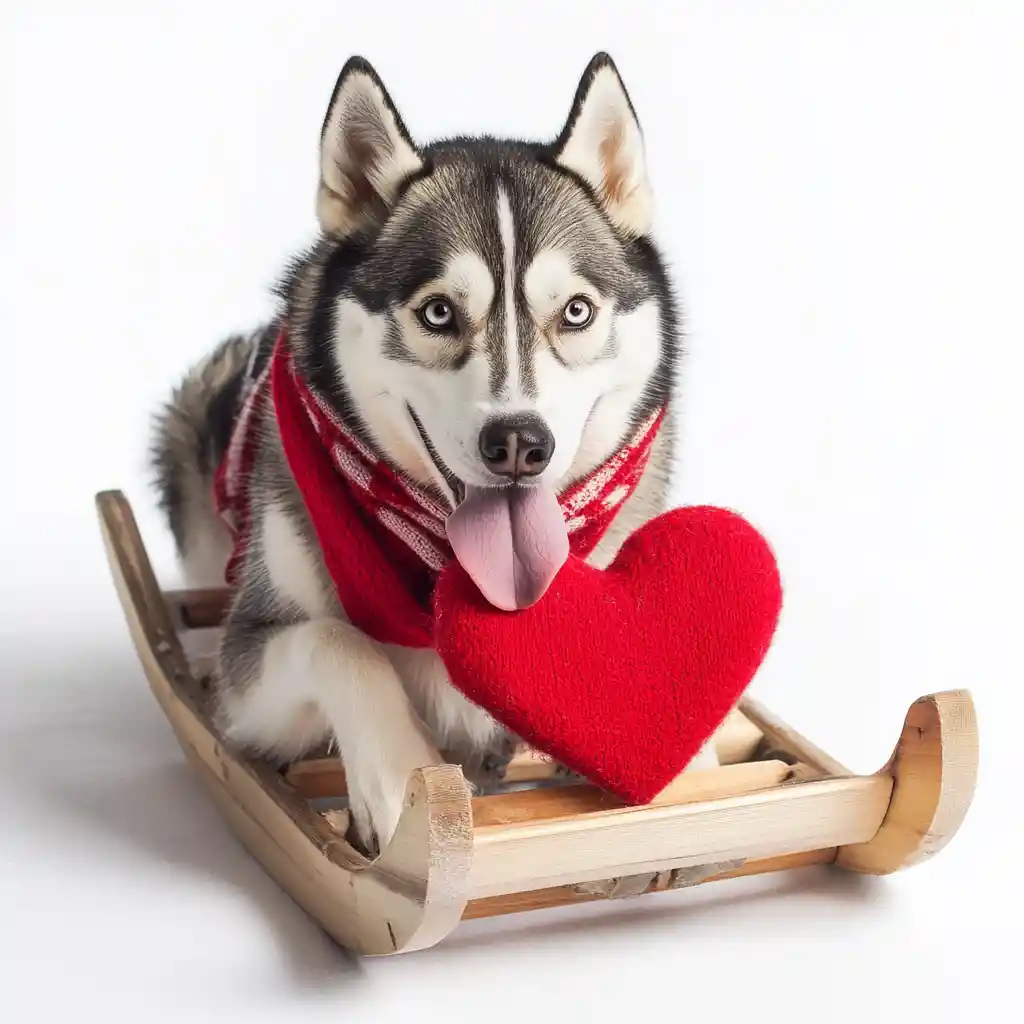 Siberian husky pulling a heart sled in snowy white scene