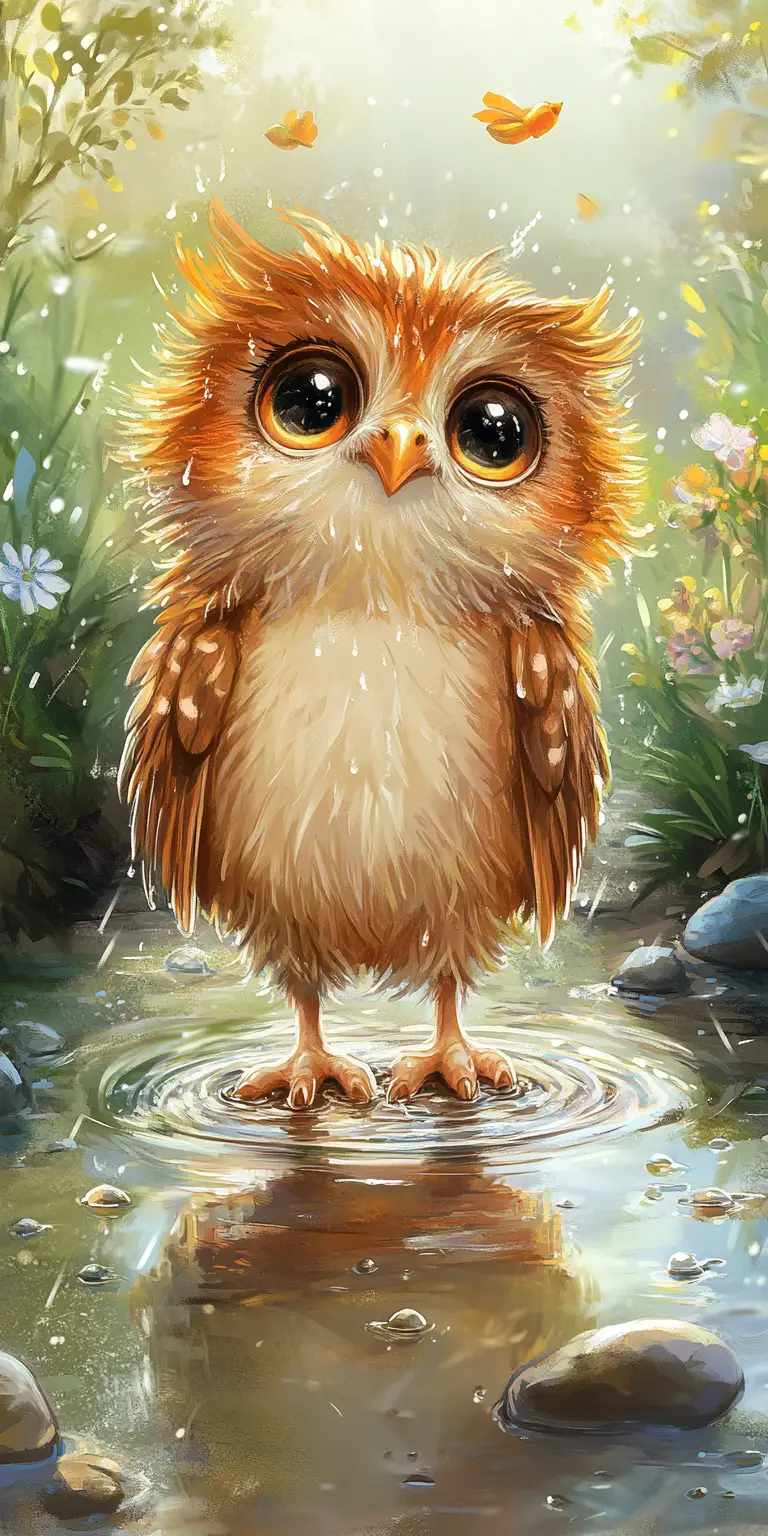 Ilustração de Corujinha Fofa em uma Poça de Chuva