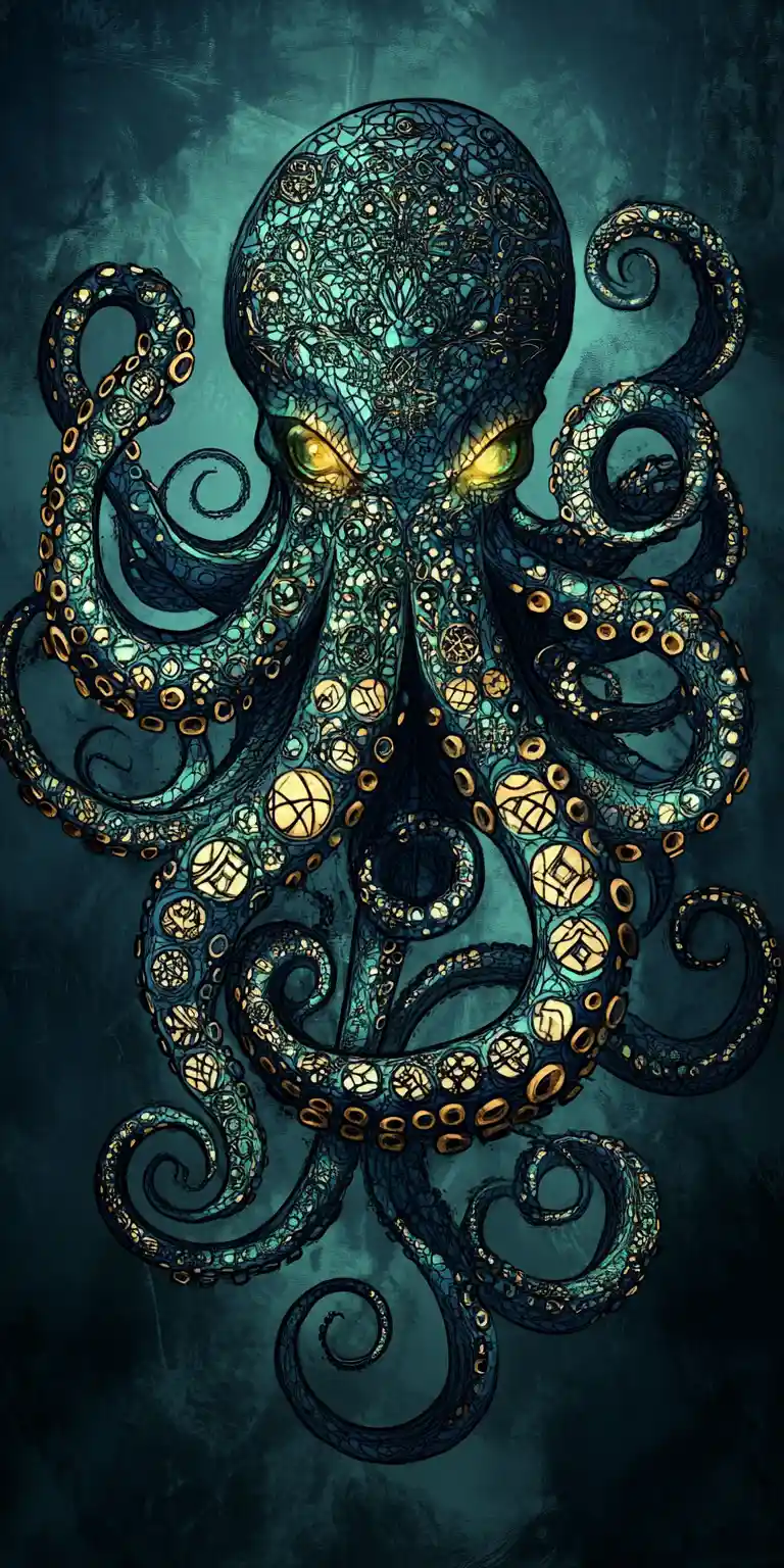 Ornate fantasy octopus with curling tentacles and runic patterns