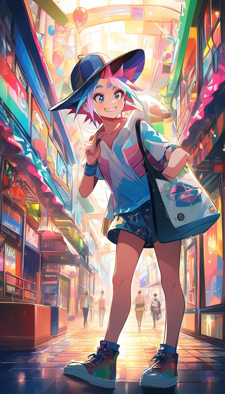 Garota adolescente de anime sorridente em um shopping movimentado