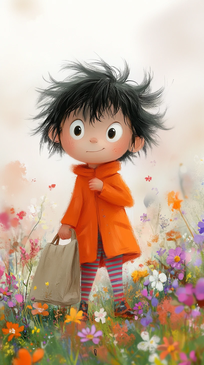 Young boy in orange coat standing among spring flowers