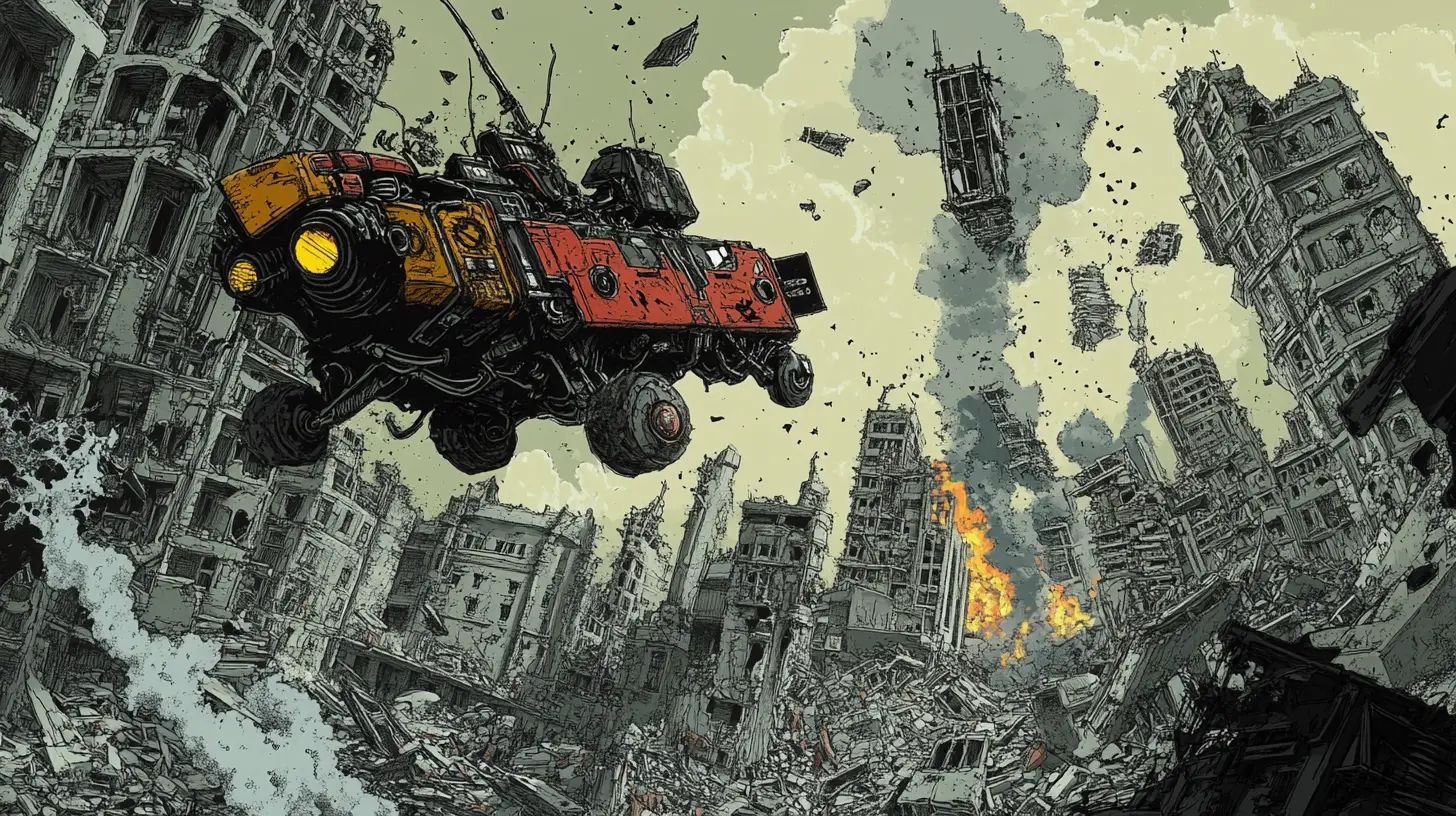Apocalyptic death drone hunting survivors in ruined metropolis