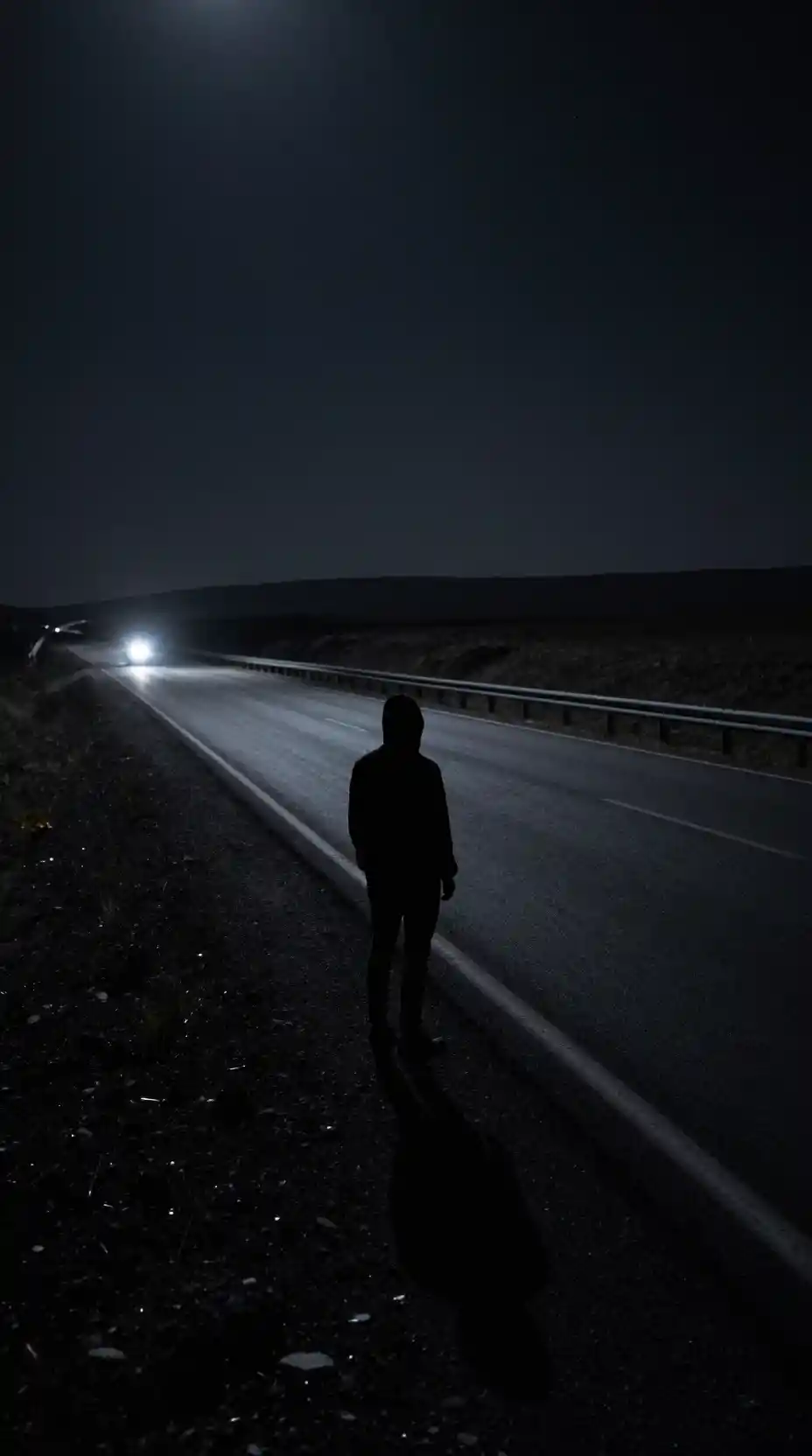 Lone traveler on a deserted moonlit highway at night