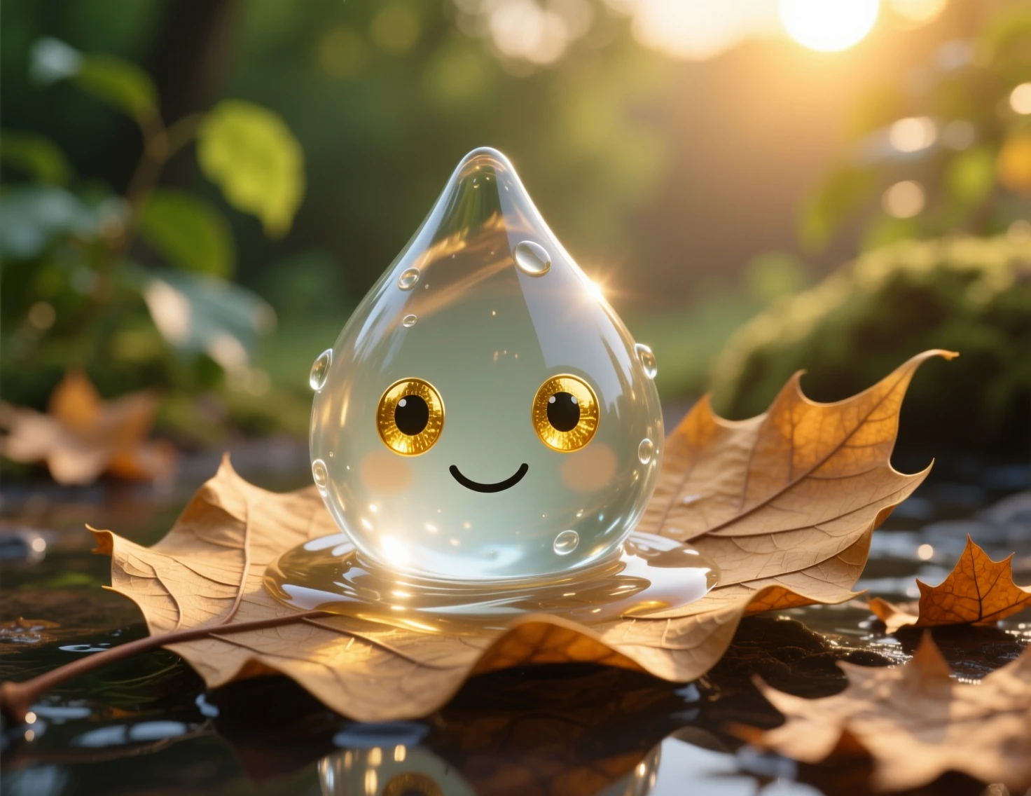 Creatura a forma di goccia che gioca sdraiata su una foglia autunnale illuminata dal sole