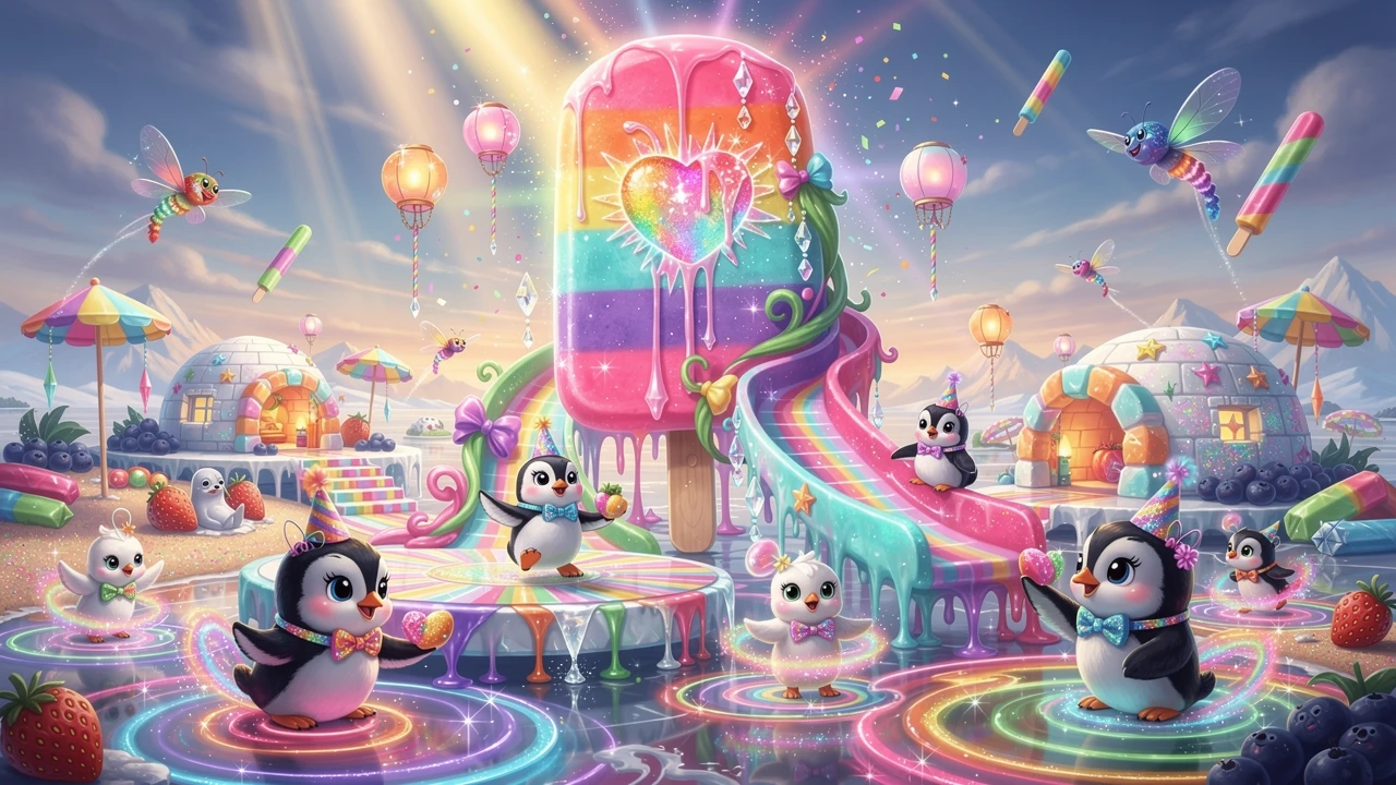 Mundo Gigante de Paleta Arcoíris con Pingüinos de Fiesta
