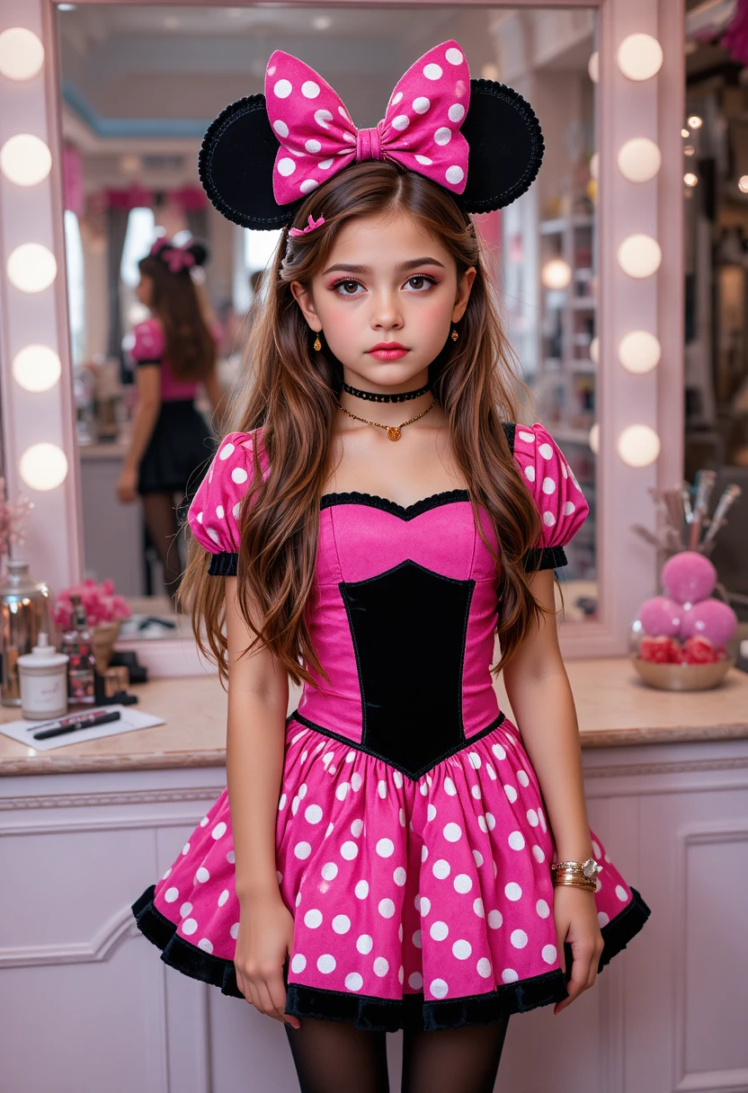 Menino pré-adolescente com fantasia da Minnie Mouse em penteadeira de boutique