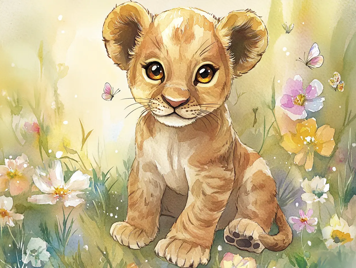 Verspieltes Aquarell eines Löwenbabys in einer Blumenwiese