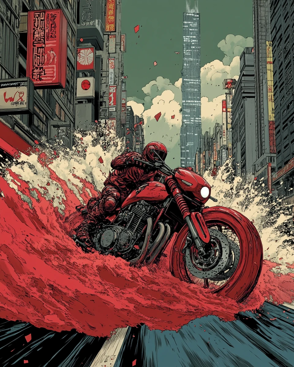 Tsunami Gigante Sobre a Cidade com Motociclista
