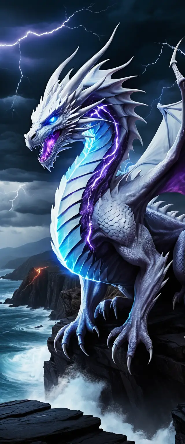 Dragon blanc aux yeux de feu bleu sur une falaise en pleine tempête