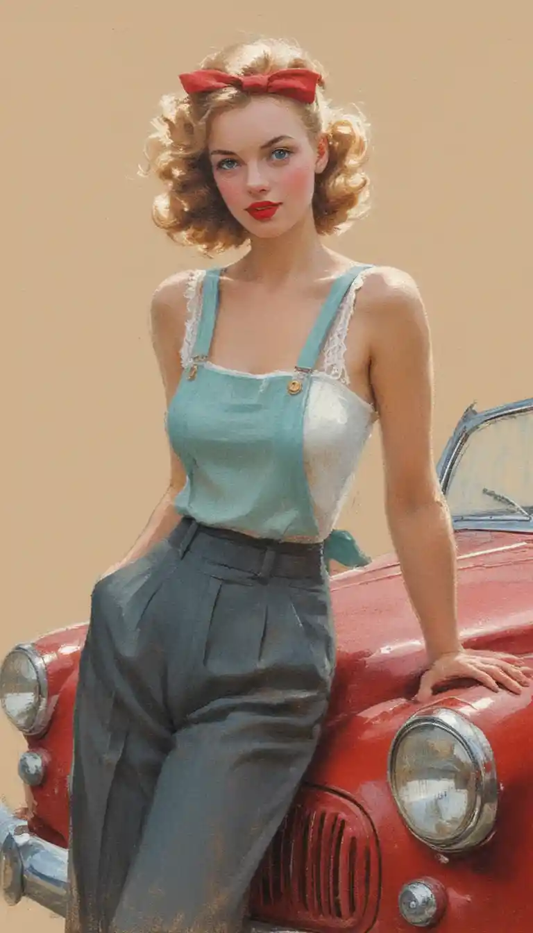 Blonde woman on red vintage car in impressionist portrait