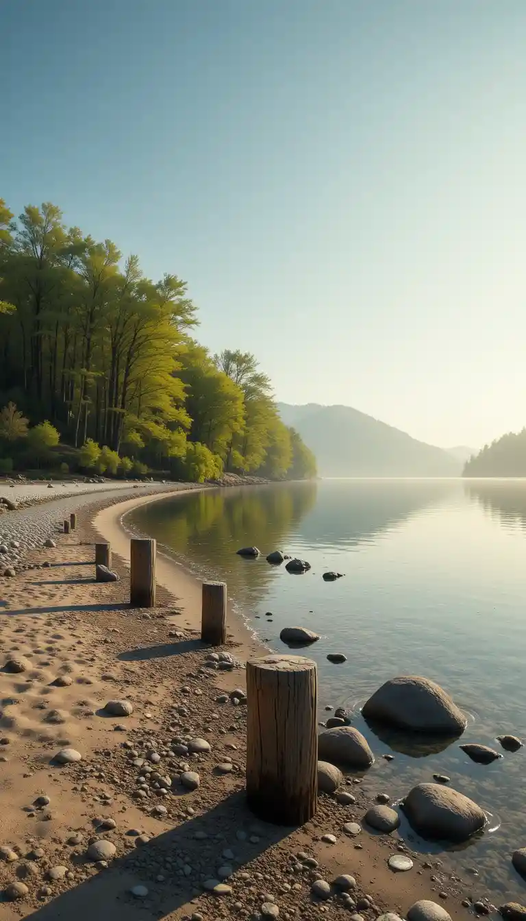 Tranquilla riva di lago con alberi riflessi nell’acqua immobile