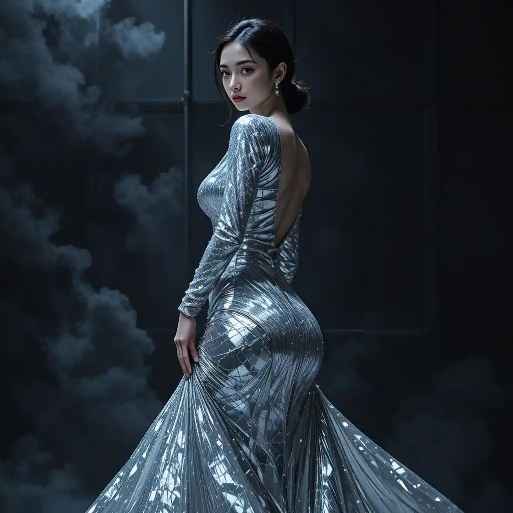 Tall Korean woman in silver couture gown mid pivot pose