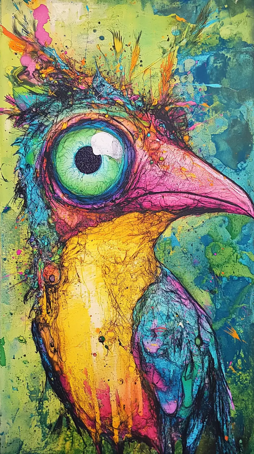 催眠的な光る目を持つシュールな鳥のような生き物