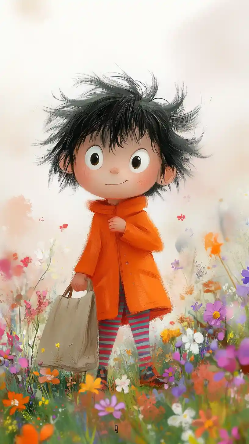 Young boy in orange coat standing among spring flowers