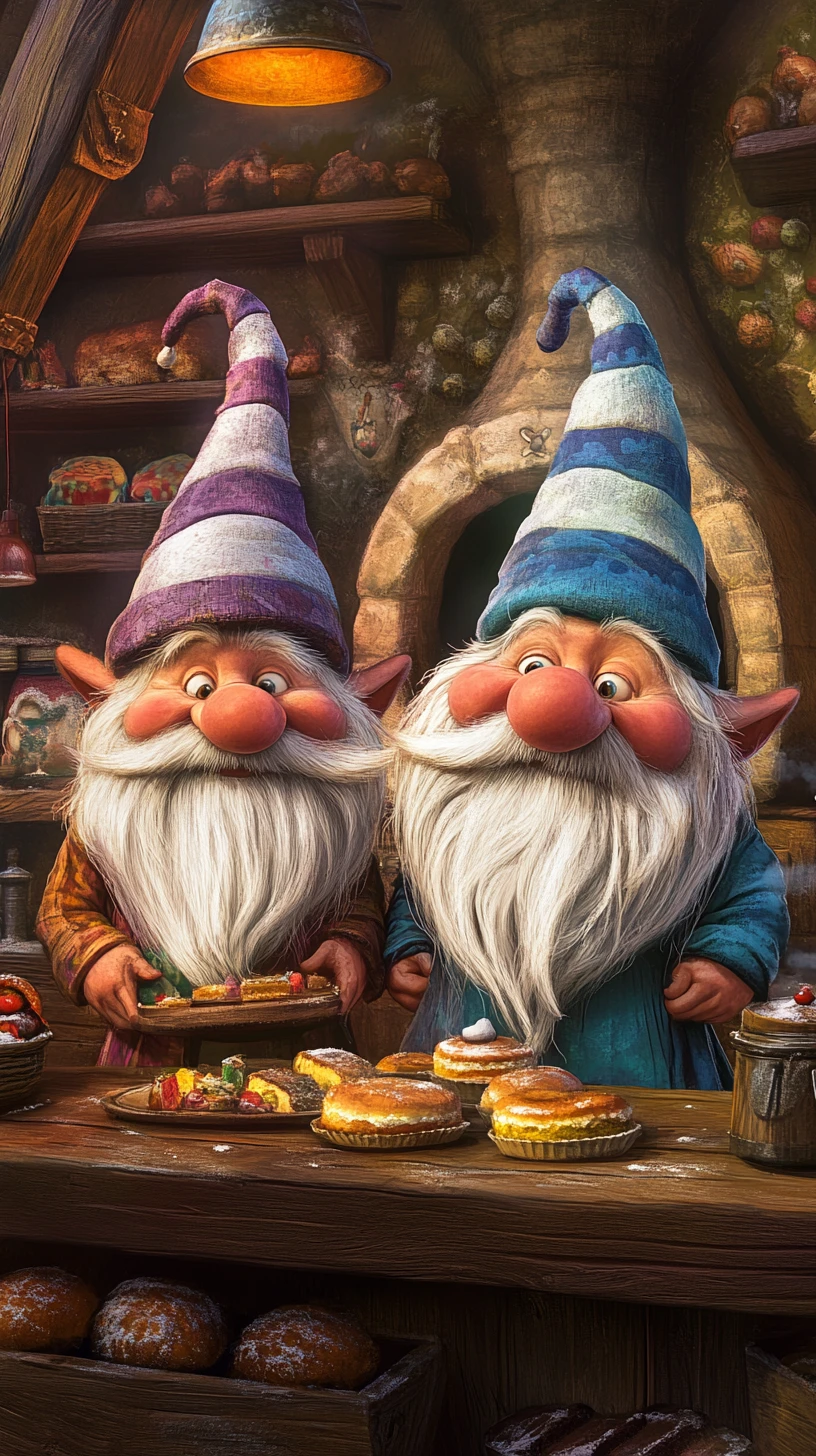 Fröhliche Zeichentrick-Zwerge backen in einer gemütlichen Fantasie-Bäckerei