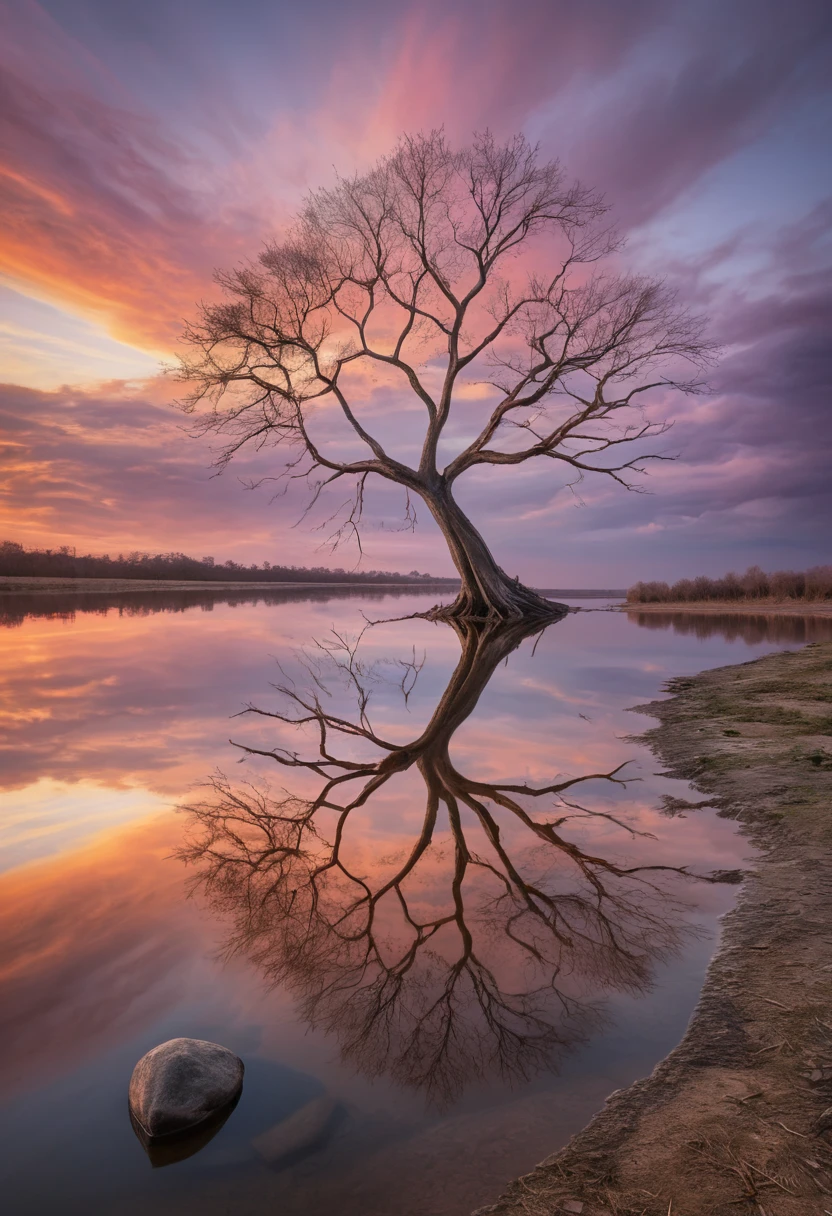 Albero solitario riflesso nel tranquillo fiume Orinoco al tramonto