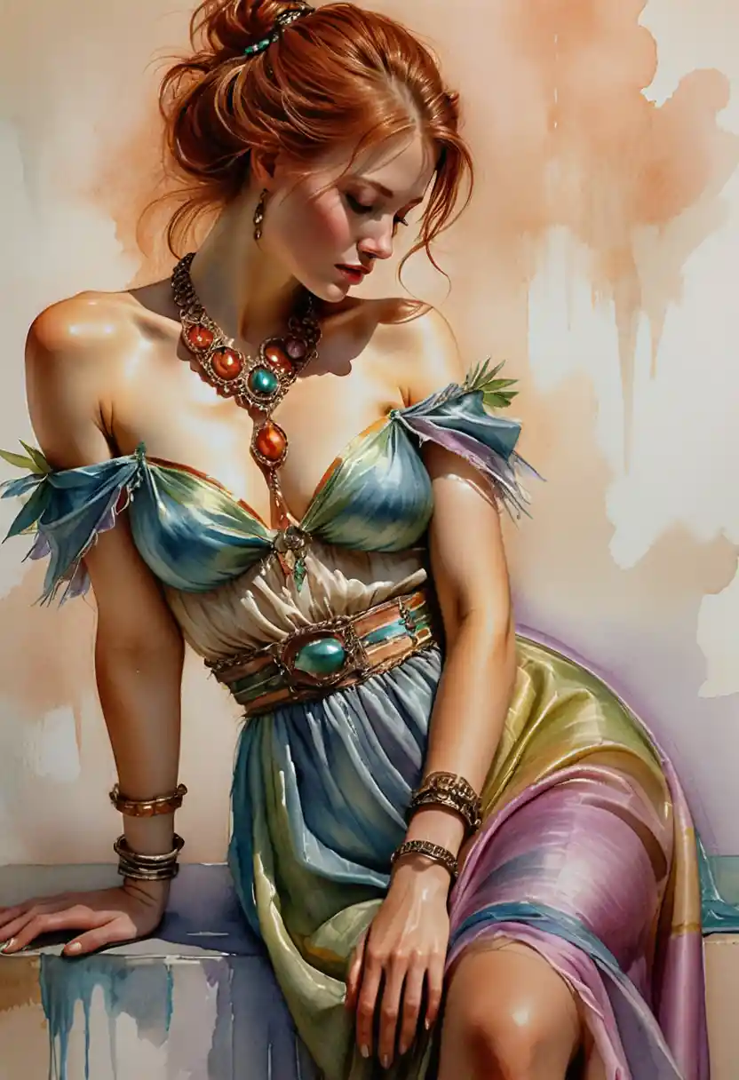 Dreamy red haired girl seated in a pastel bohemian scene