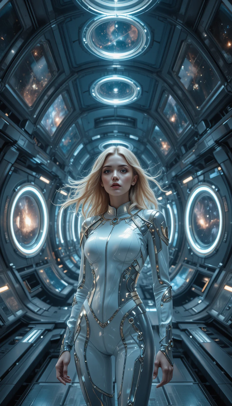 Blonde Frau in futuristischer Raumstation mit kosmischen Portalen