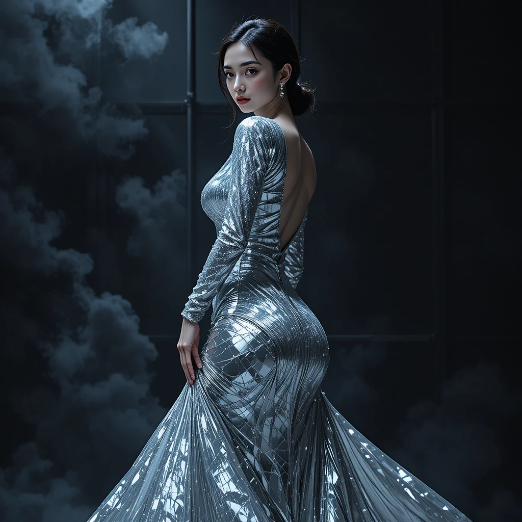 Tall Korean woman in silver couture gown mid pivot pose