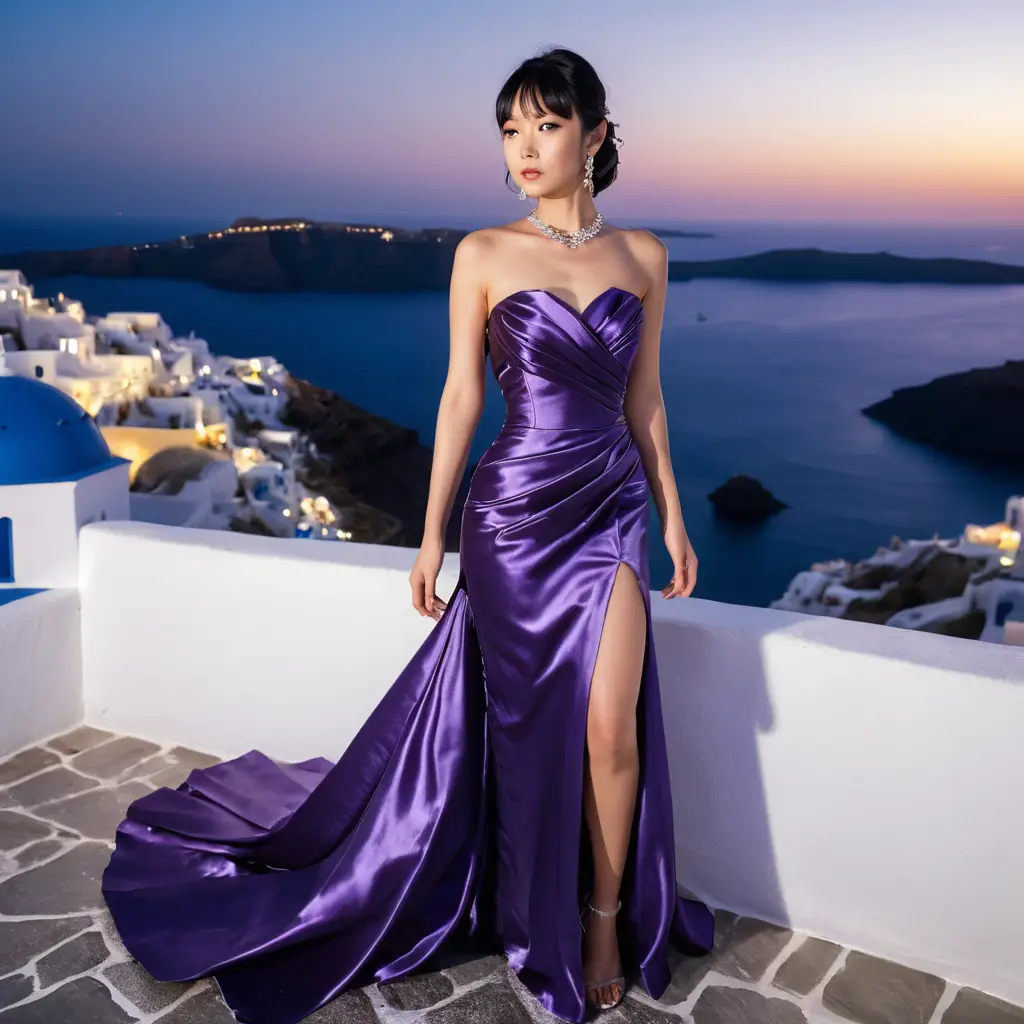 Elegante mulher japonesa em vestido de cetim roxo à noite
