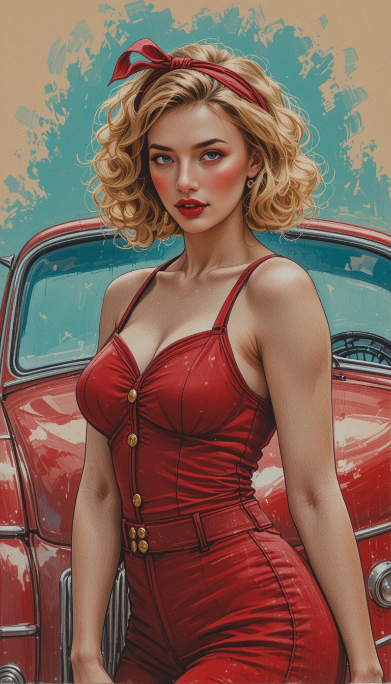 Donna bionda con tuta rossa su auto rossa d'epoca