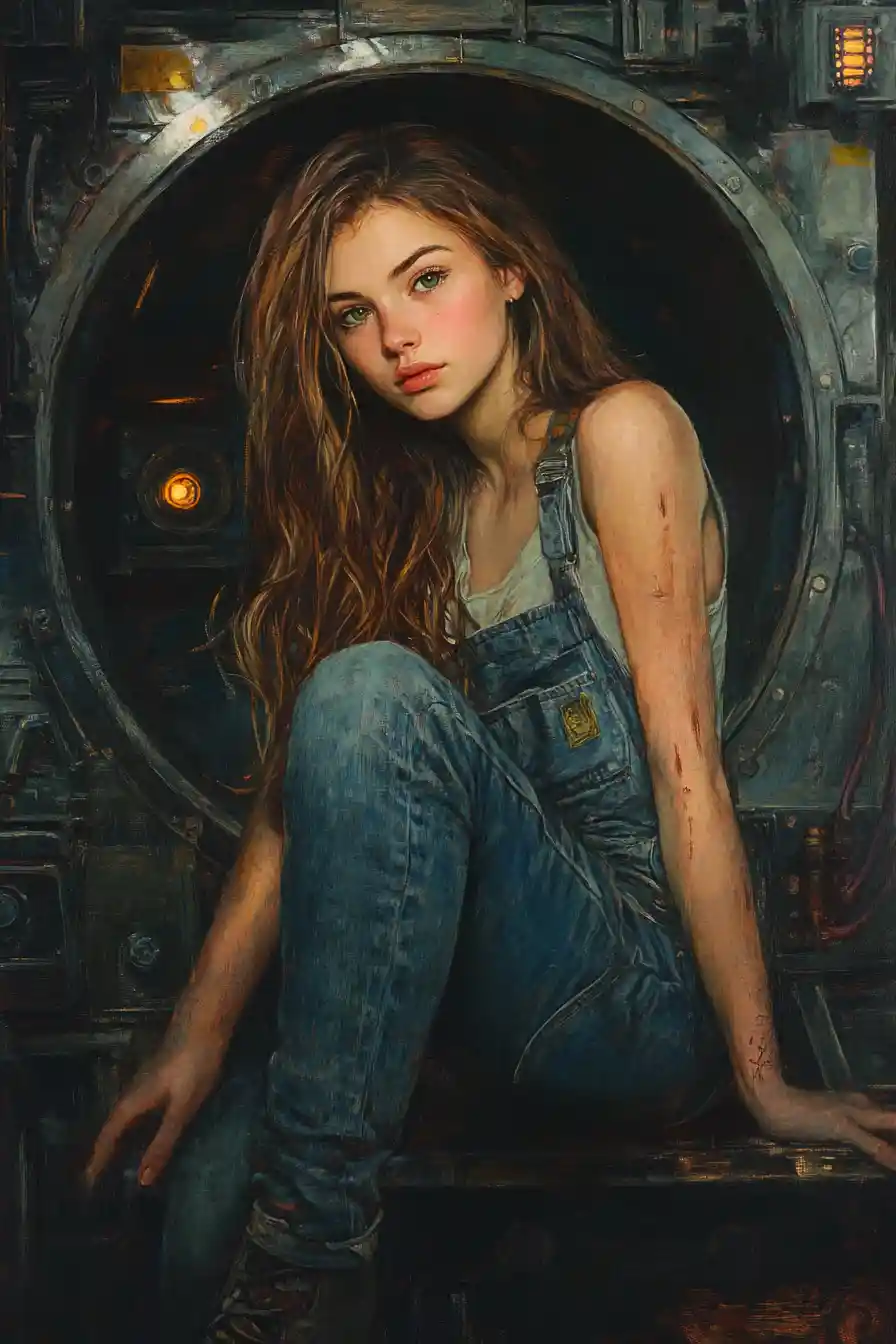 Young mechanic woman by glowing hatch in spaceship