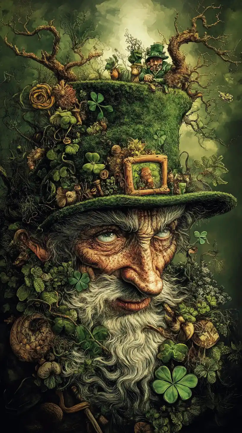 Scena di illusione surreale con una misteriosa figura di leprecano