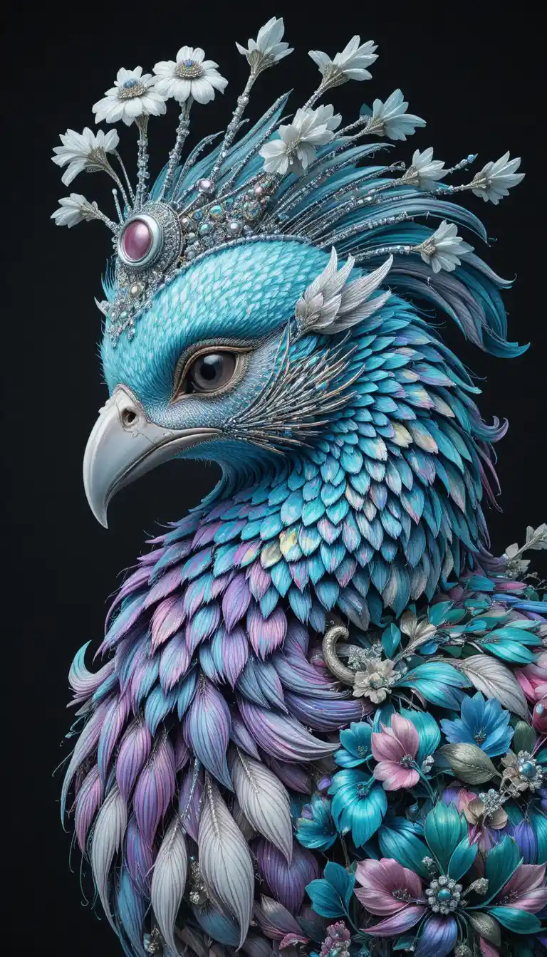 Perfil majestoso de pavão com plumagem joia em ciano e cobalto