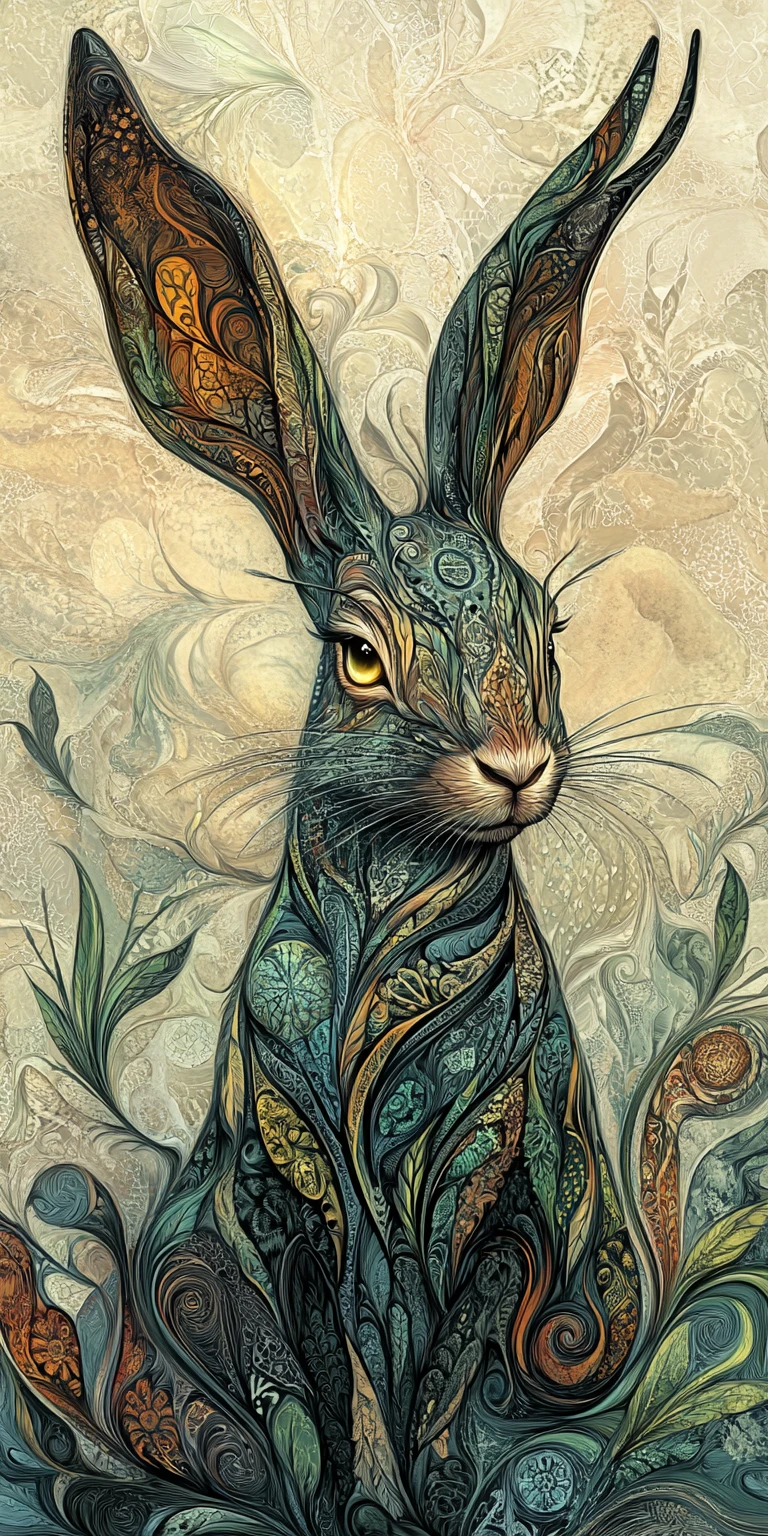 Ilustração mística de coelho com padrões góticos e olhos brilhantes