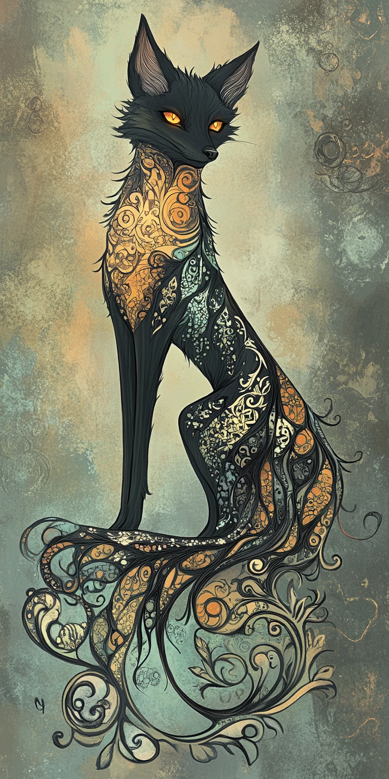 Mystical stylized fox with curling tail and glowing patterns