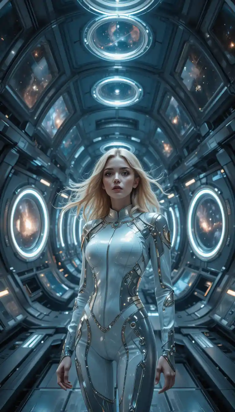 Blonde Frau in futuristischer Raumstation mit kosmischen Portalen