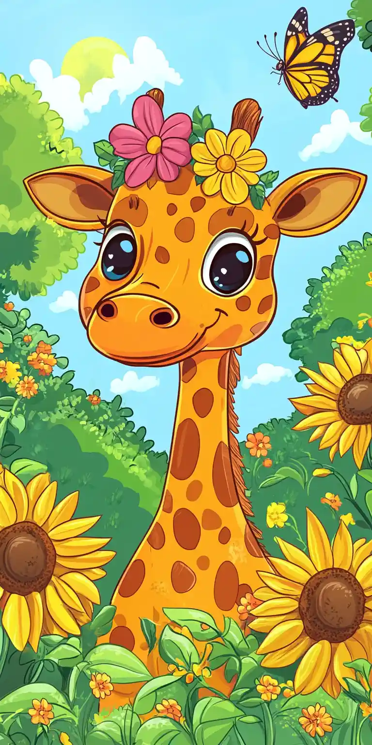 Cute baby giraffe in a sunny meadow with sunflowers