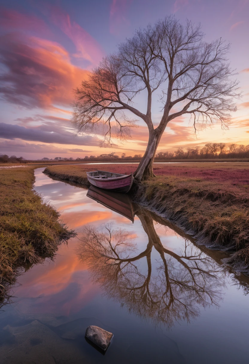 Arbre solitaire sans feuilles se reflétant dans le calme coucher de soleil sur l’Orénoque