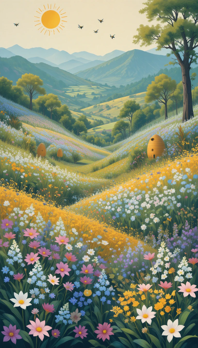 Illustrazione piatta di fiori selvatici e arnie in un giardino