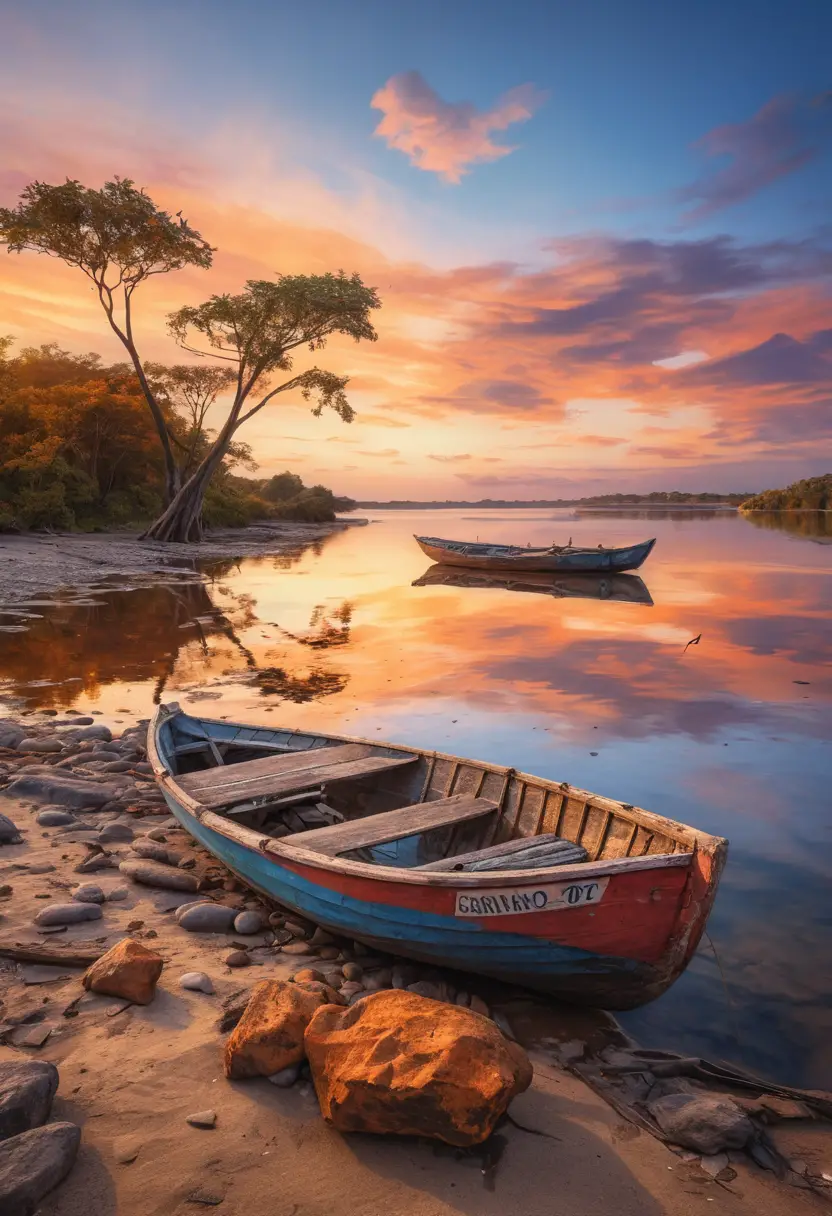 Stimmungsvolles Orinoco-Ufer mit Holzbooten bei Sonnenuntergang