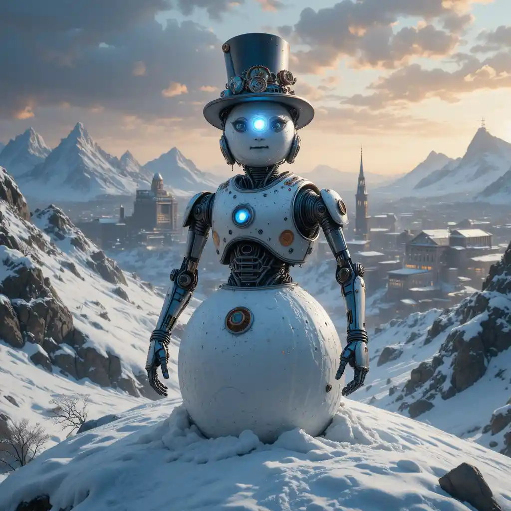 Roboterschneemann auf verschneitem Berg mit leuchtend blauem Auge