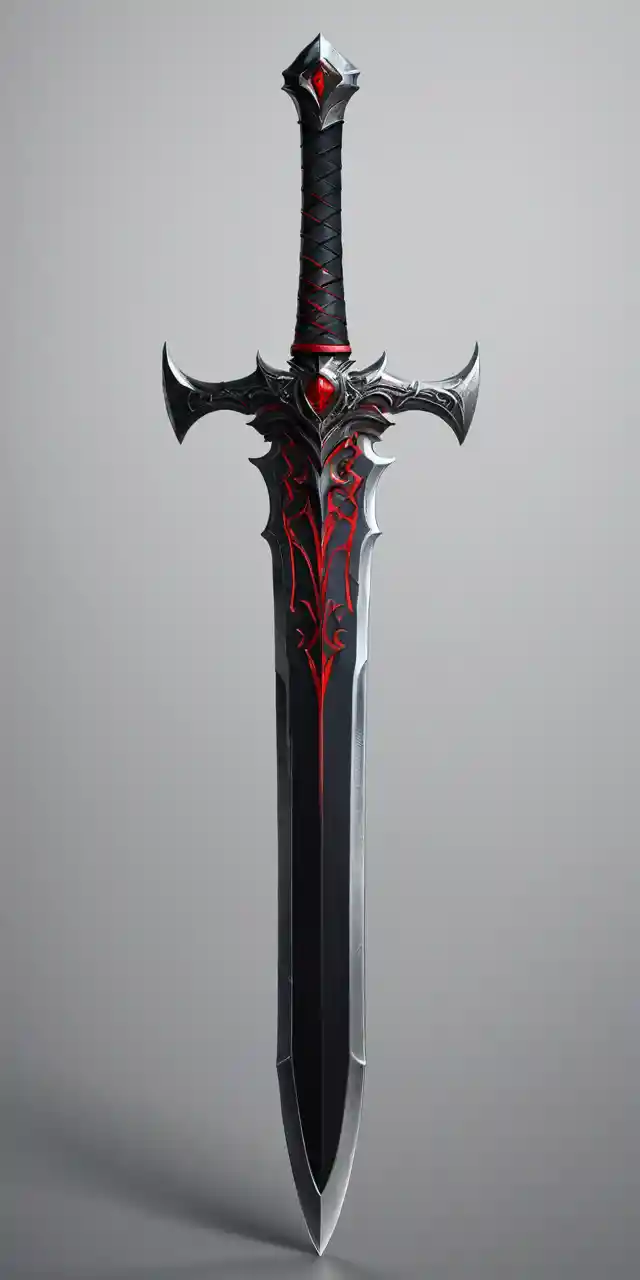 Espada preta com detalhes vermelhos em fundo cinza-claro