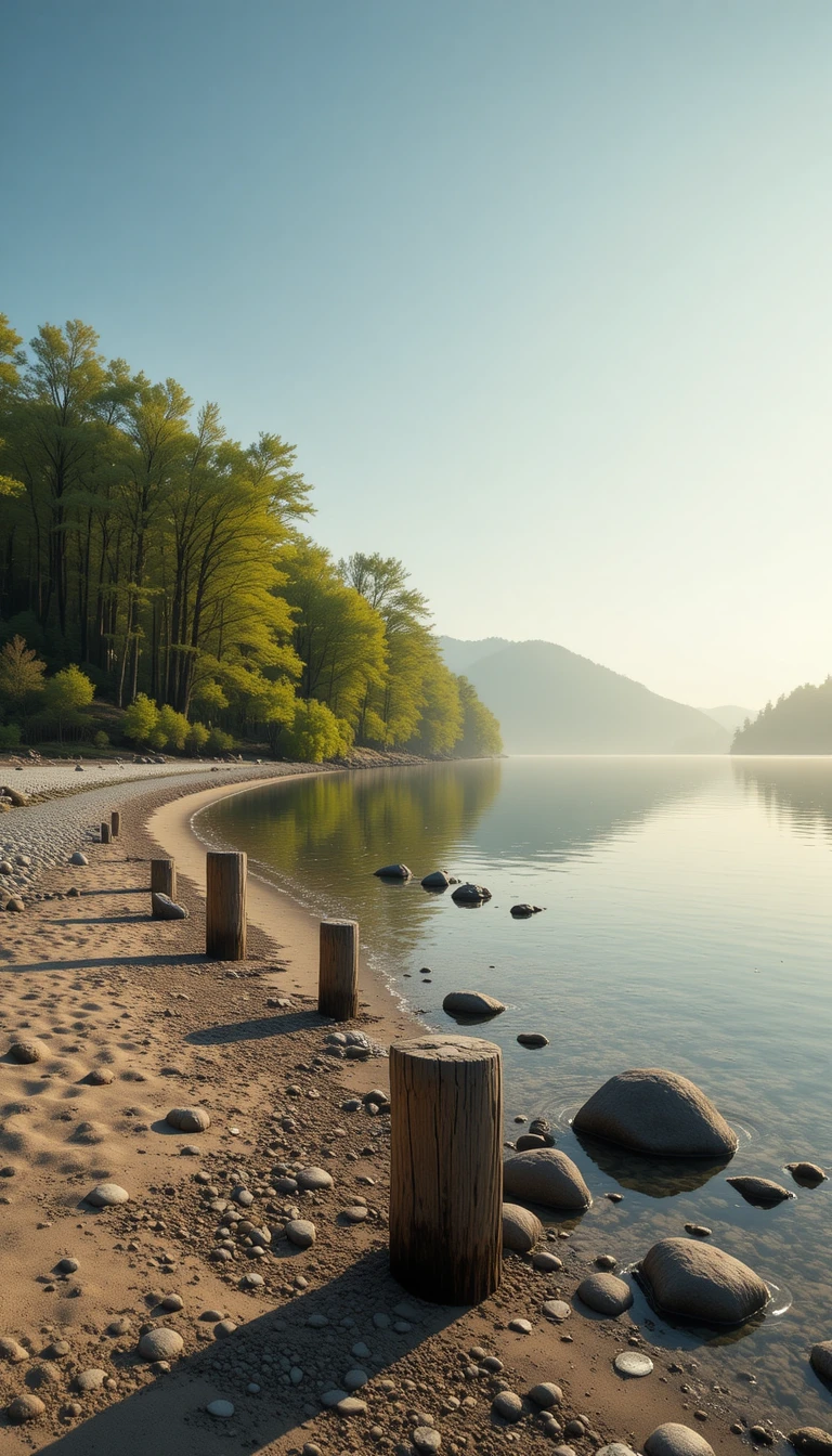 Tranquilla riva di lago con alberi riflessi nell’acqua immobile