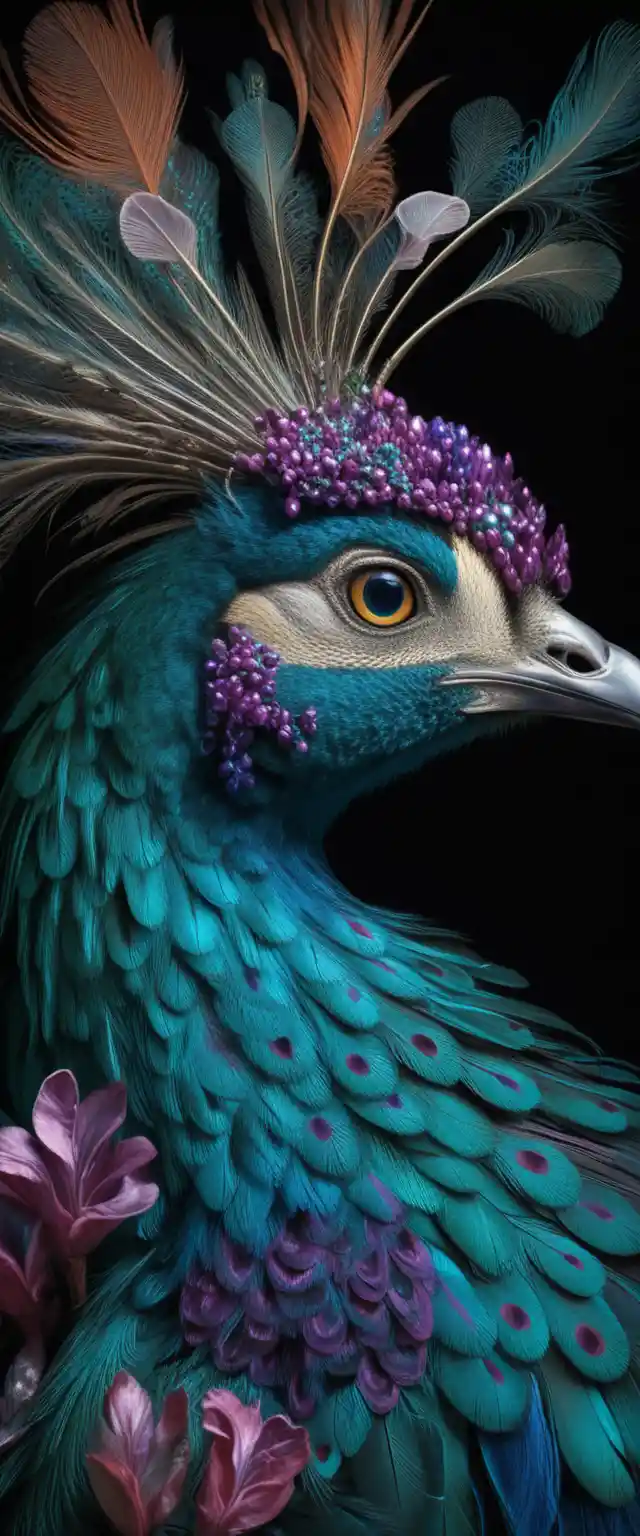 Retrato lateral majestoso de um pavão adornado como joia em perfil