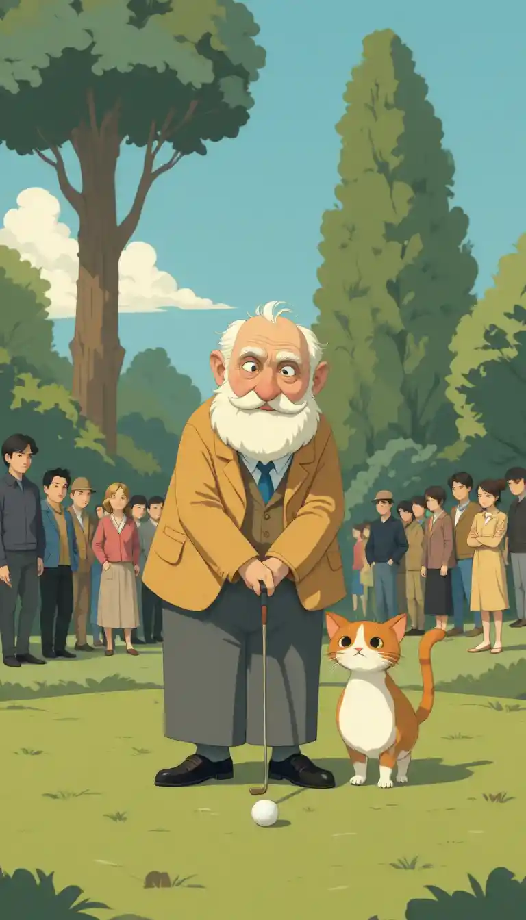 Alter Mann und seine Katze spielen Golf in flacher Illustration