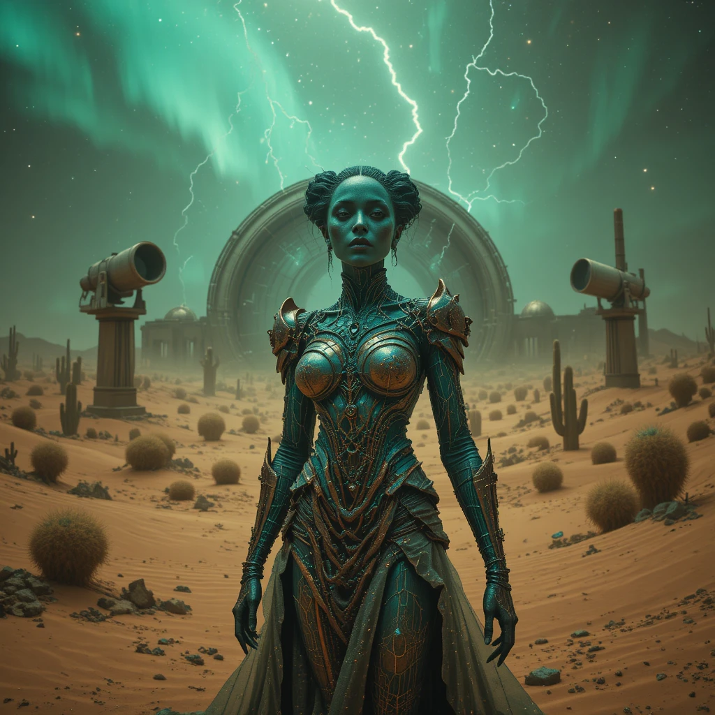 Regina alchemica surreale che emerge da un osservatorio nel deserto in rovina