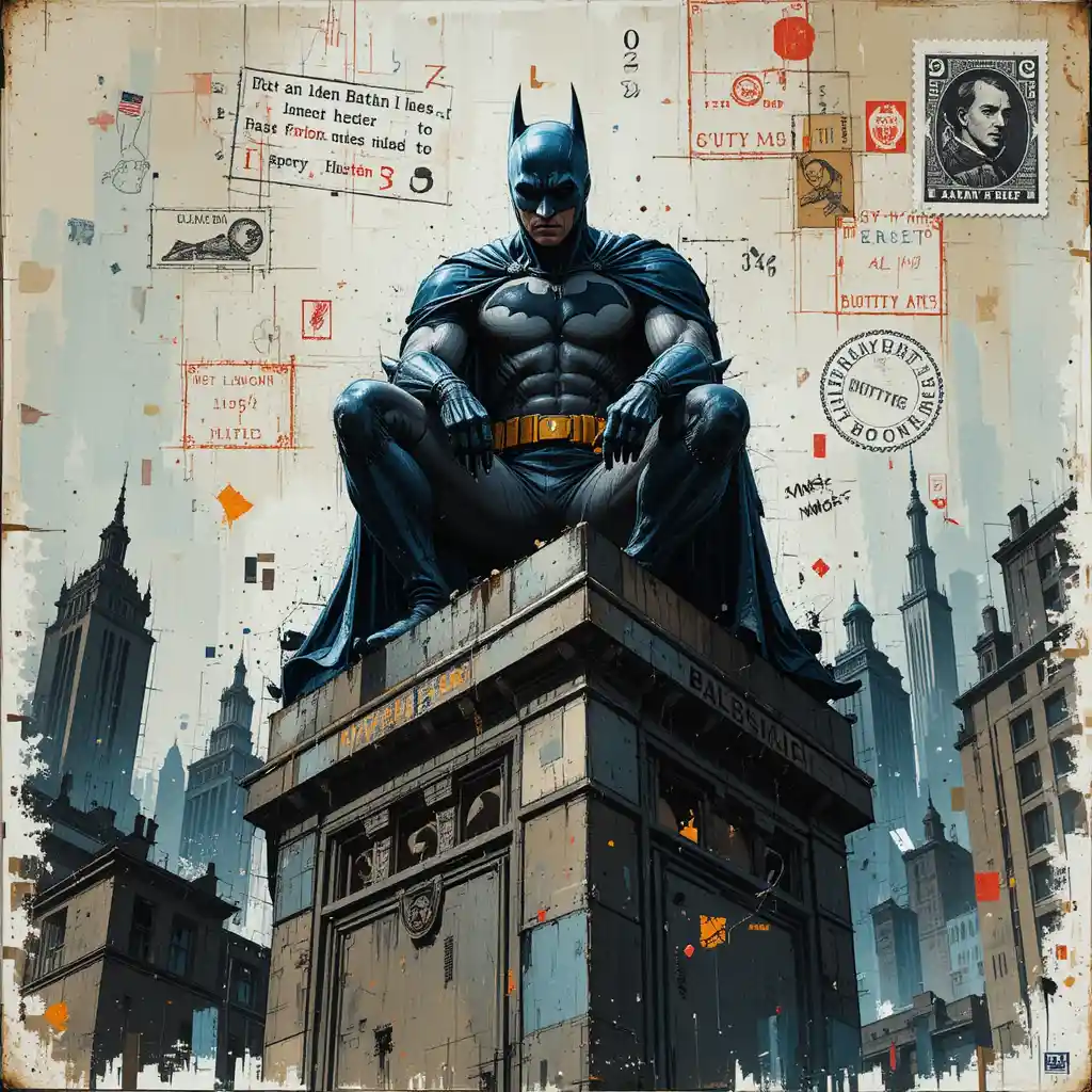 Oscuro supereroe che veglia sullo skyline cupo di Gotham City