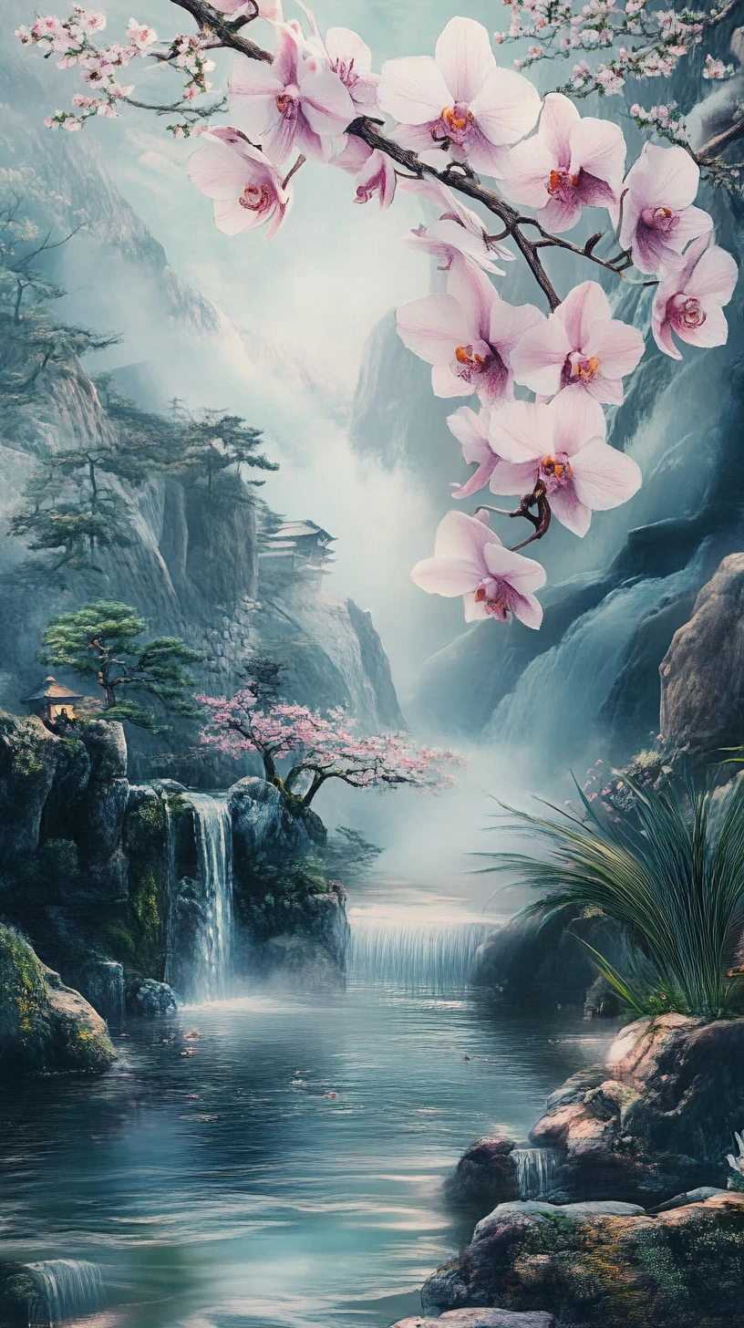 Pintura de paisaje japonés que emerge de una orquídea transparente