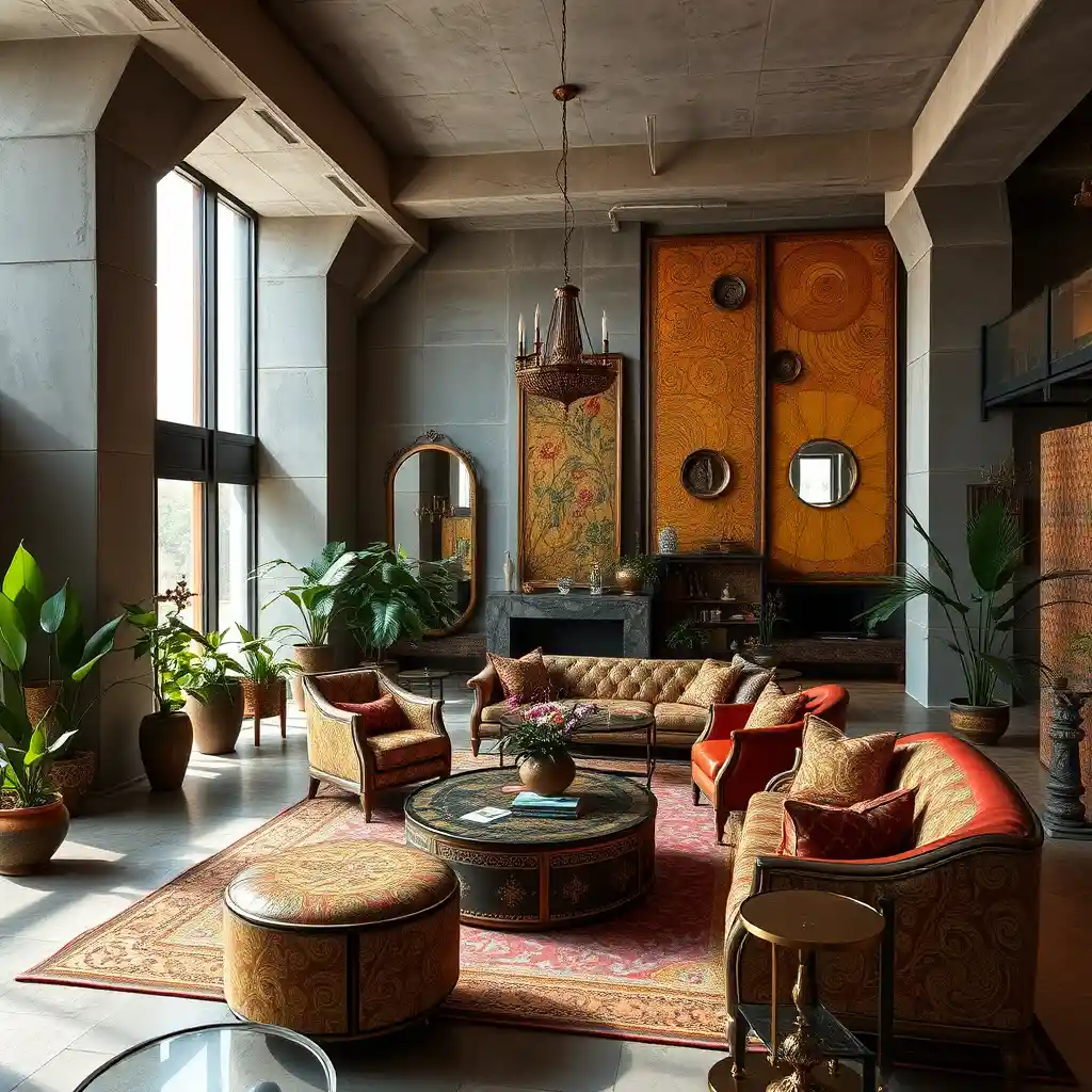Opulent eclectic living room with brutalist gold mosaics