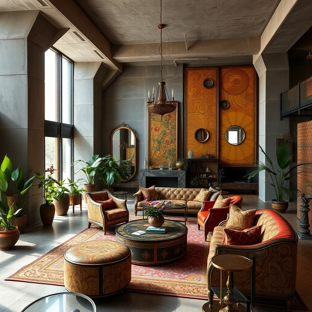 Opulentes eklektisches Wohnzimmer mit brutalistischen Goldmosaiken