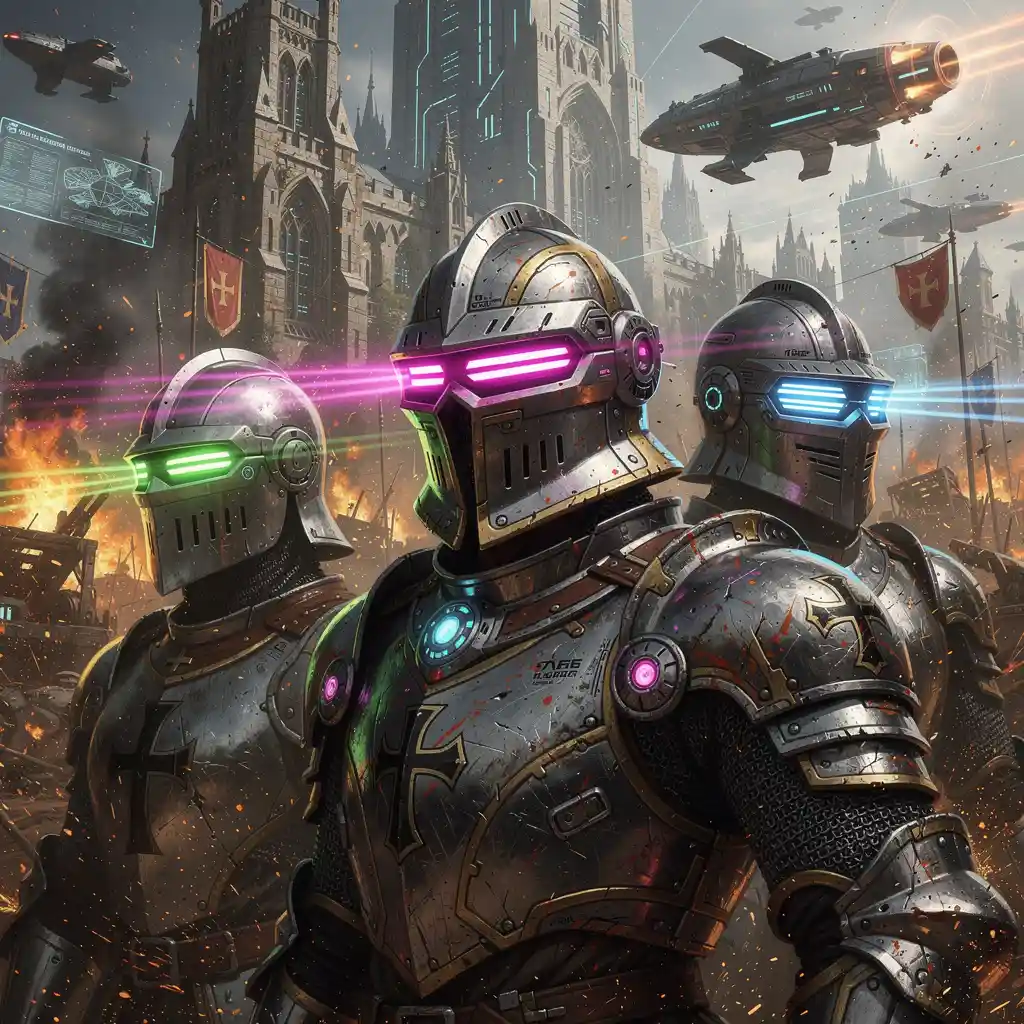 Medieval crusader knights with futuristic glowing visors