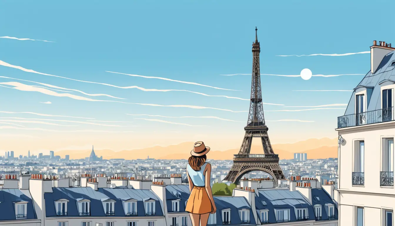 Giovane donna glamour in posa davanti allo skyline di Parigi