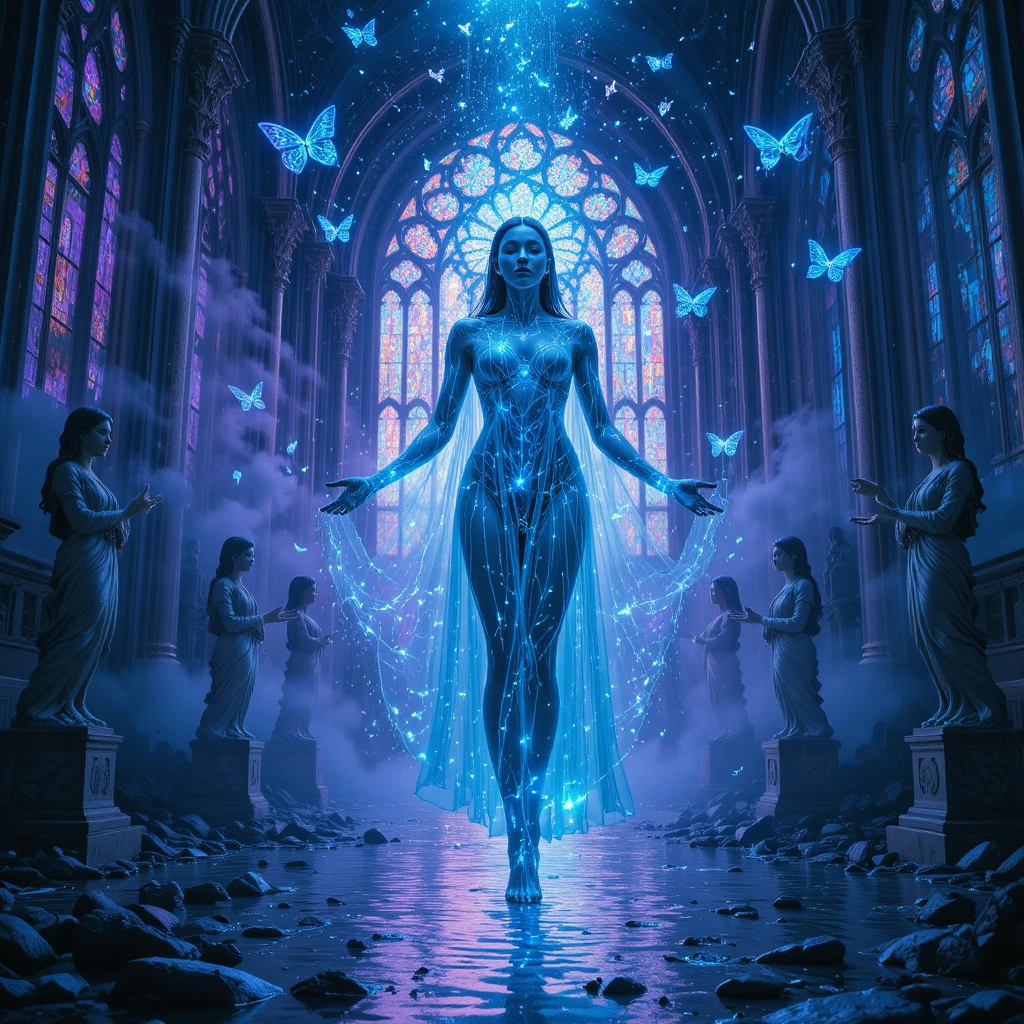 Oráculo techno surreal flutuando em uma catedral de vidro inundada
